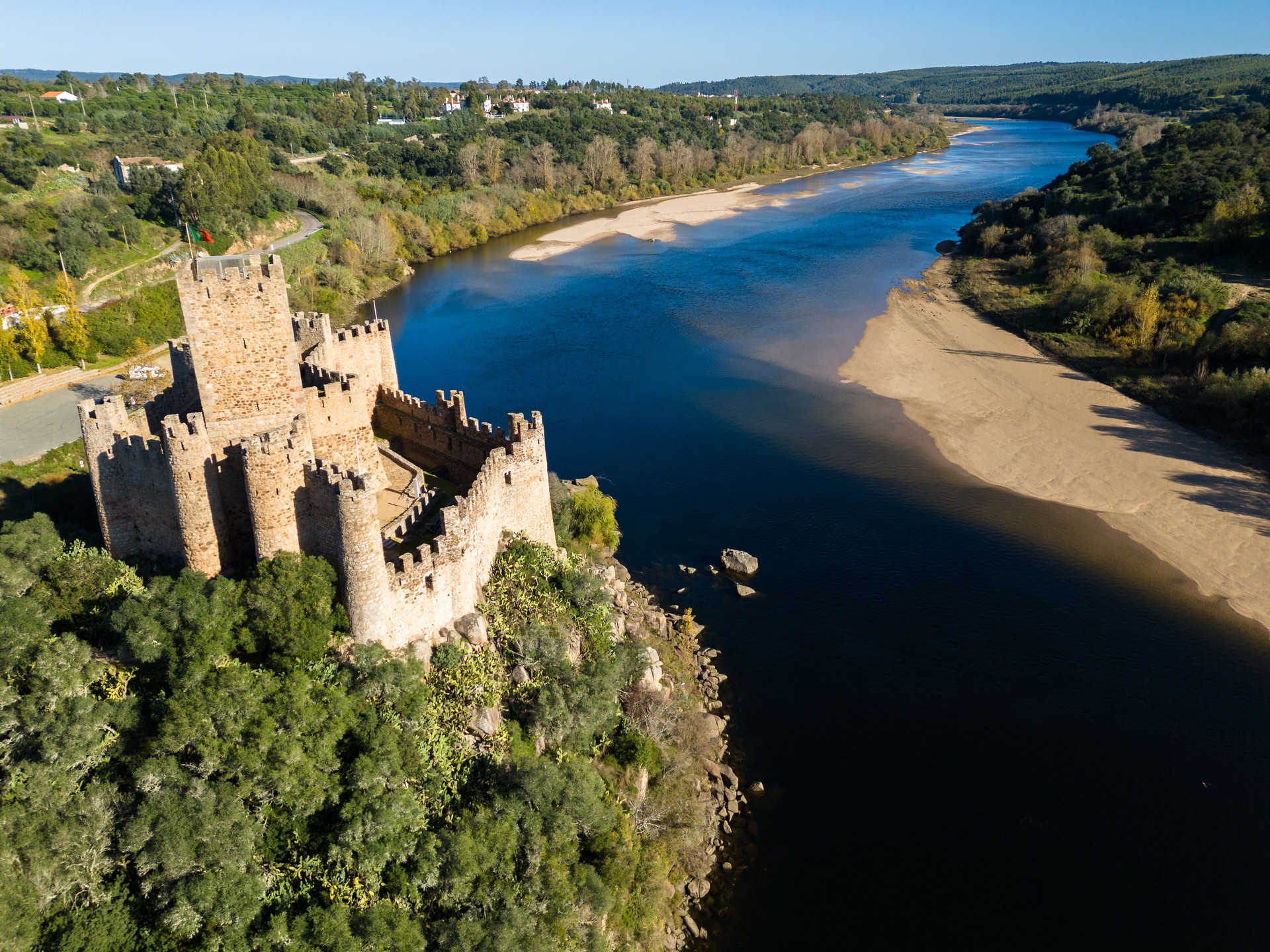 Castle of Almourol on Sunny Day. Portugal. Aerial View