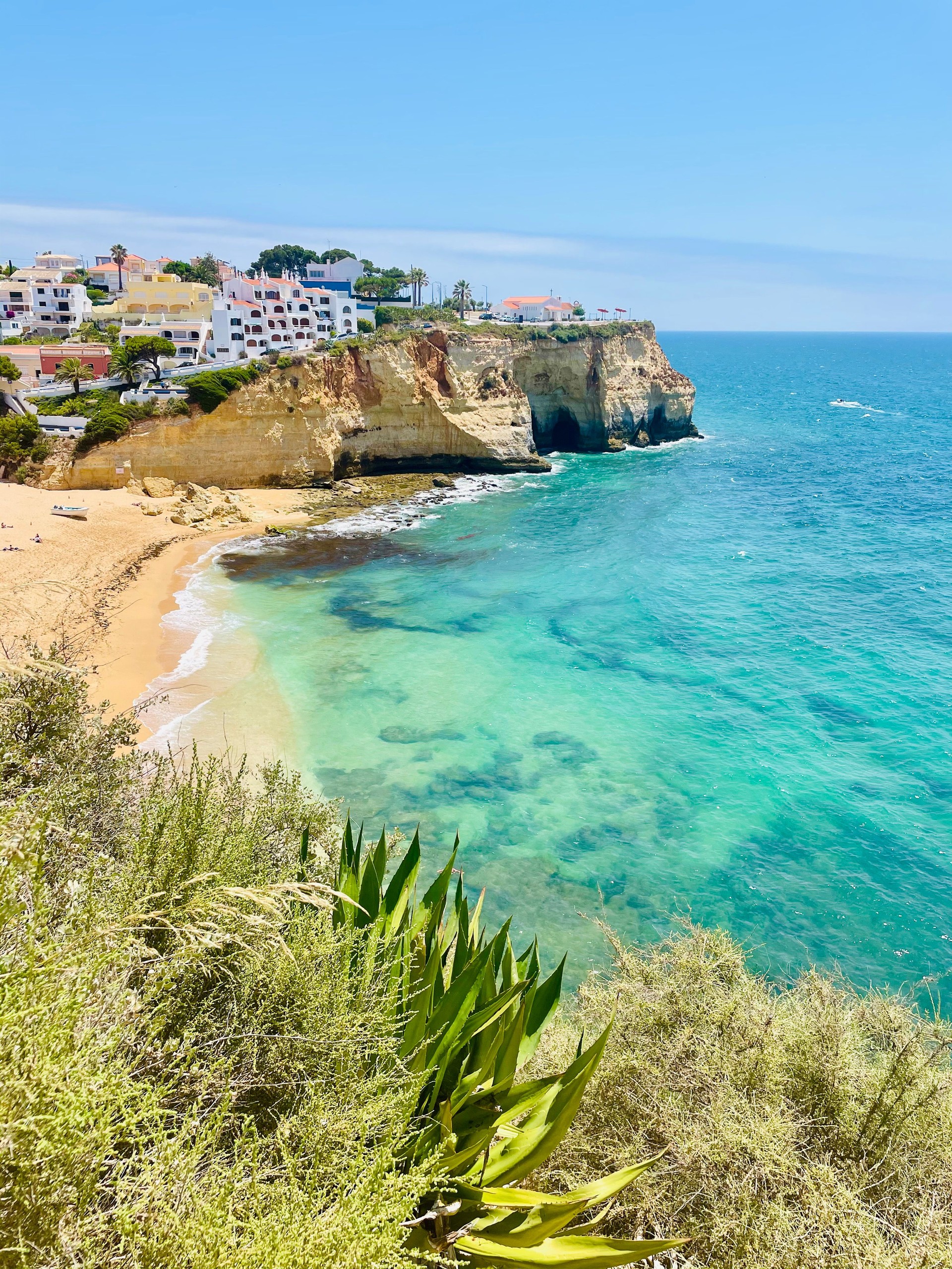 View of Carvoeiro fishing village with beautiful beach, Algarve region, Portugal Portugal.