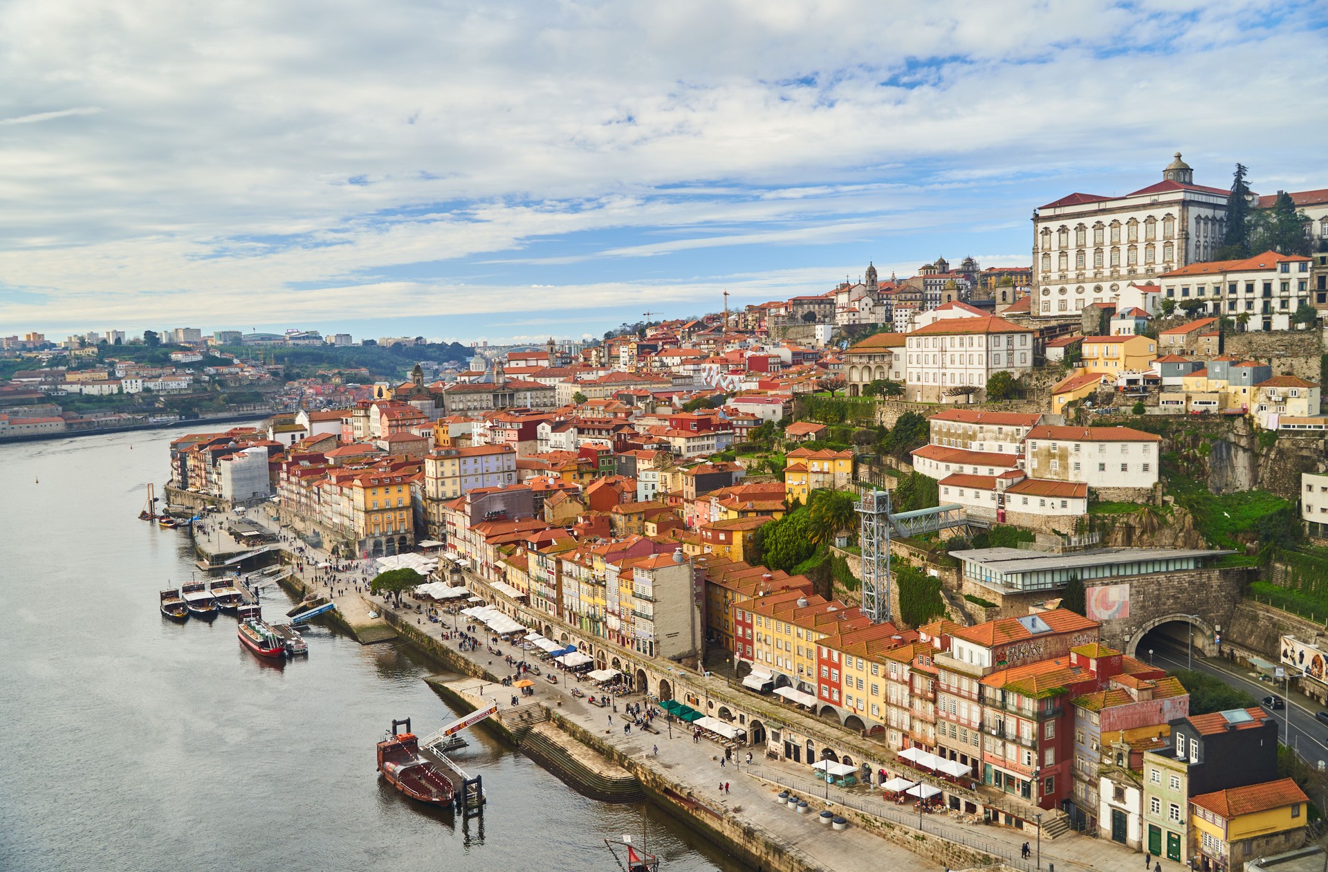 Porto, Portugal - 12.25.2022: Aerial view of the old ribeira area in Porto
