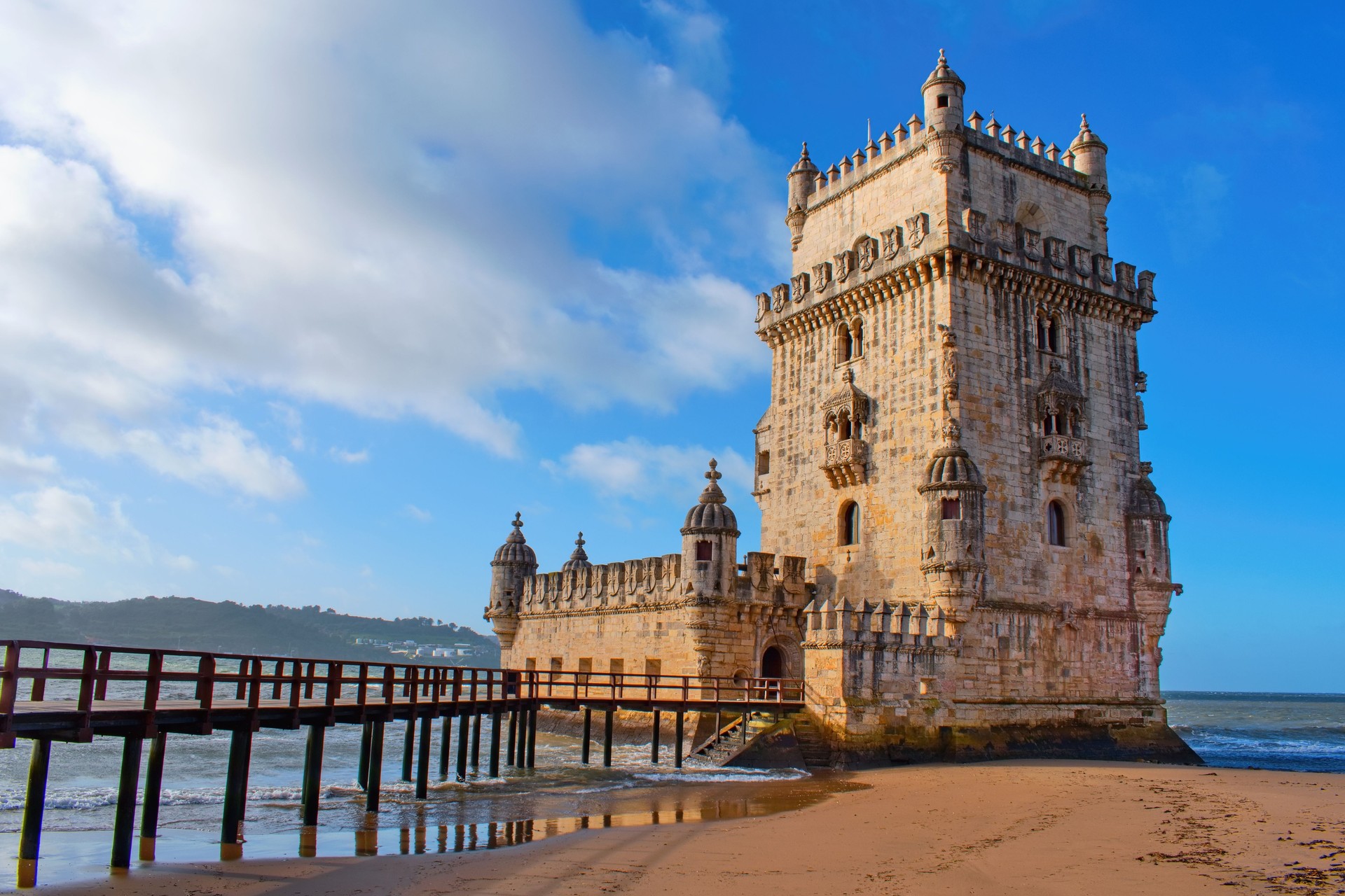 Belem Tower or Tower of Staint Vincent on the bank of the Tagus River. Lisbon, Portugal