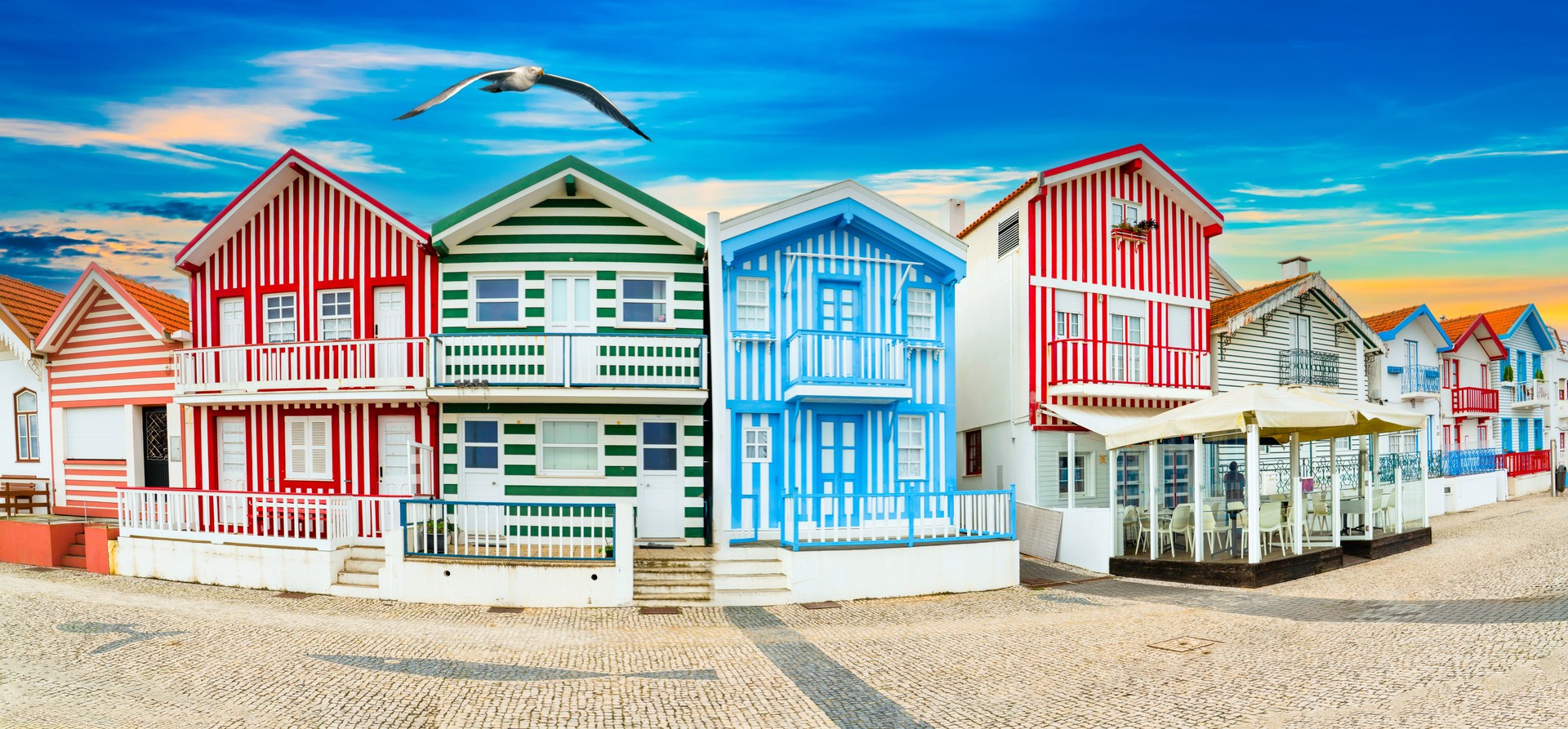 Colorful striped houses called Palheiros with bird seagull. Costa Nova do Prado is a beach village resort on Atlantic coast near Aveiro, Portugal